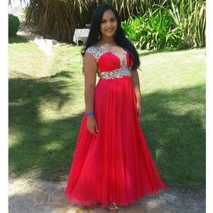 Long pink beaded wedding dress